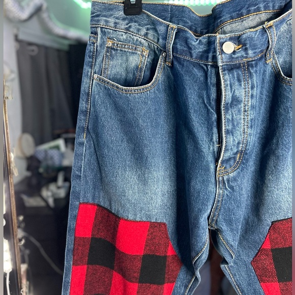 [NWOT] MNML Mens Medium Blue Red Plaid Patchwork Denim Jeans Size 36 - Picture 9 of 10